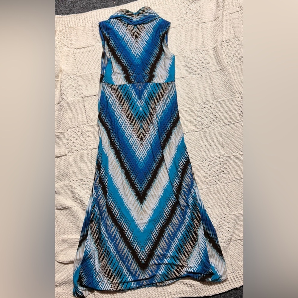 Chico’s Blue White Chevron Maxi Dress Sleeveless Faux Collar - Picture 2 of 4